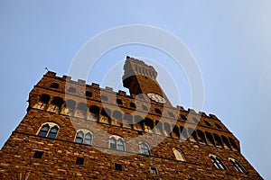 Vista in dettaglio di Palazzo Vecchio in Piazza Signoria a Firenze, Toscana, Italia