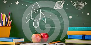 Visual arts on a blackboard books, apples, pencils, rocket drawing