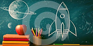 Visual arts on a blackboard books, apples, pencils, rocket drawing