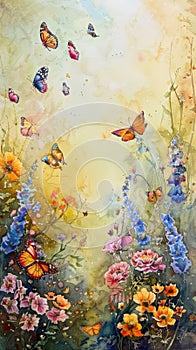 Visual arts painting of butterflies soaring above a flowerfilled landscape , generated by AI