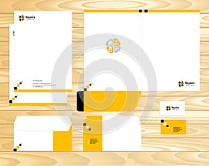 Visual brand corporate business identity vector design set template on wood background. Mockup illustration.