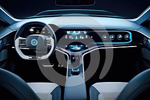 A visual of the cars interior featuring a steering wheel and dashboard, Future science fiction style, electric car dashboard