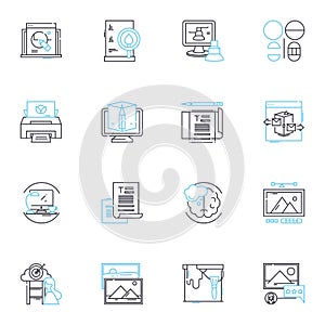Visual communication agency linear icons set. Design, Branding, Graphics, Advertising, Creativity, Illustration