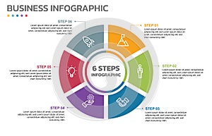 Visual data presentation. Cycle diagram with 6 options. Pie Chart Circle infographic template with 6 steps, options, parts,