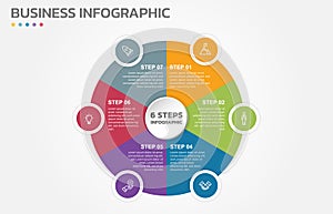 Visual data presentation. Cycle diagram with 6 options. Pie Chart Circle infographic template with 6 steps, options, parts,