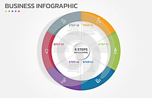 Visual data presentation. Cycle diagram with 6 options. Pie Chart Circle infographic template with 6 steps, options, parts,