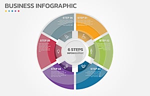 Visual data presentation. Cycle diagram with 6 options. Pie Chart Circle infographic template with 6 steps, options, parts,