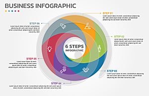 Visual data presentation. Cycle diagram with 6 options. Pie Chart Circle infographic template with 6 steps, options, parts,