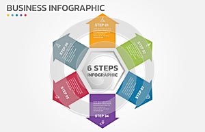 Visual data presentation. Cycle diagram with 6 options. Pie Chart Circle infographic template with 6 steps, options, parts,