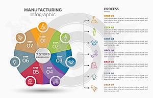 Visual data presentation. Cycle diagram with 7 options. Pie Chart Circle infographic template with 7 steps, options, parts,