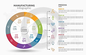 Visual data presentation. Cycle diagram with 7 options. Pie Chart Circle infographic template with 7 steps, options, parts,