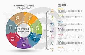 Visual data presentation. Cycle diagram with 7 options. Pie Chart Circle infographic template with 7 steps, options, parts,