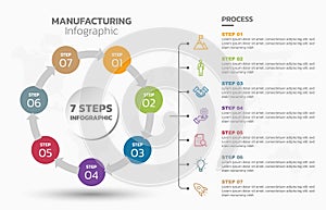 Visual data presentation. Cycle diagram with 7 options. Pie Chart Circle infographic template with 7 steps, options, parts,