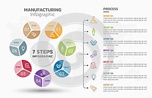 Visual data presentation. Cycle diagram with 7 options. Pie Chart Circle infographic template with 7 steps, options, parts,