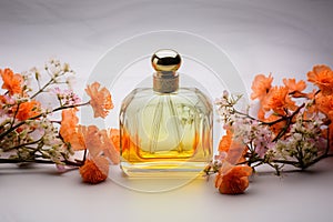 Visual delight Perfume bottles and flowers captivate on a white backdrop