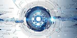 Visual depicting blue and white background, circular pattern with square elements in the center, technology theme, light blue