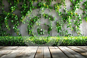 Visual depicting green grass wall background, empty space for product presentation mockup, high resolution, clear and clean d