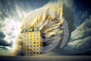 Visual effect of a house disappearing in fog or mist, fantasy cityscape background, cinematic house teleportation