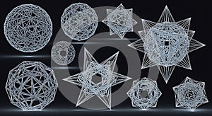 Abstract geometric wireframes glow on black