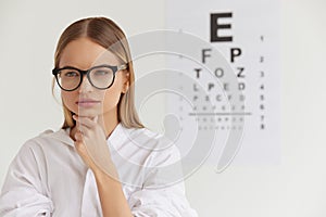 Visual Health. Female With Beautiful Face At Ophthalmologist Office