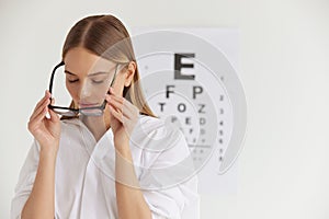 Visual Health. Female With Beautiful Face At Ophthalmologist Office