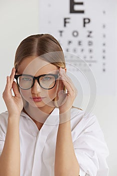 Visual Health. Female With Beautiful Face At Ophthalmologist Office