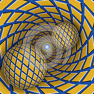 Visual illusion illustration. Two balls are moving on rotating blue funnel with yellow rhombuses.
