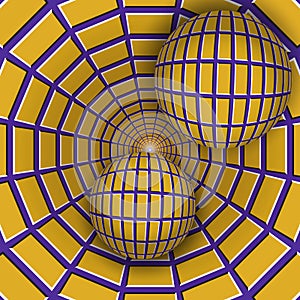 Visual illusion illustration. Two balls are moving on rotating purple funnel with yellow quadrangles.