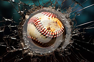 Visual impact Baseball penetrates broken glass for versatile design use