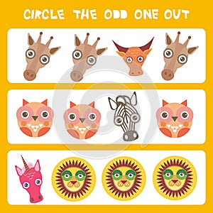 Visual logic puzzle Circle the odd one out. Kawaii animals cow zebra lion unicorn giraffe owl, pastel colors on blue background. V