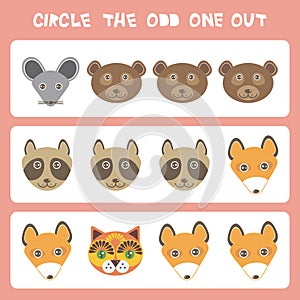 Visual logic puzzle Circle the odd one out. Kawaii animals Mouse bear raccoon fox cat, pastel colors on blue background. Vector