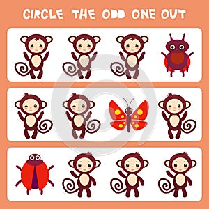 Visual logic puzzle Circle the odd one out. Kawaii brown monkey with pink cheeks and winking eyes, butterfly and ladybug pastel co