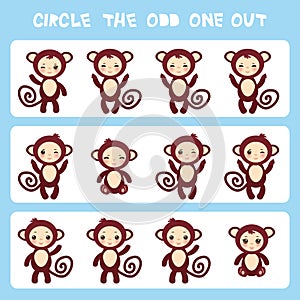 Visual logic puzzle Circle the odd one out. Kawaii brown monkey with pink cheeks and winking eyes, pastel colors on blue backgroun