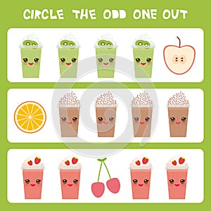 Visual logic puzzle Circle the odd one out. Kawaii colorful apple coffee smoothies orange cherry with pink cheeks and winking eyes