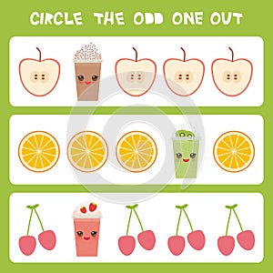 Visual logic puzzle Circle the odd one out. Kawaii colorful apple coffee smoothies orange cherry with pink cheeks and winking eyes