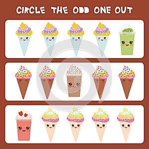 Visual logic puzzle Circle the odd one out. Kawaii colorful coffee kiwi strawberry smoothies, ice cream cone with pink cheeks and