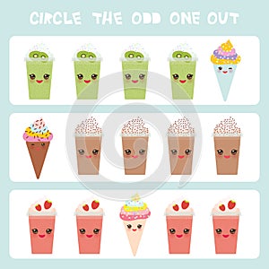 Visual logic puzzle Circle the odd one out. Kawaii colorful coffee kiwi strawberry smoothies, ice cream cone with pink cheeks and