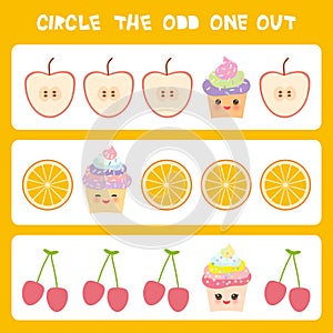Visual logic puzzle Circle the odd one out. Kawaii colorful cupcake apple orange cherry with pink cheeks and winking eyes, pastel