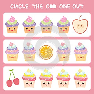 Visual logic puzzle Circle the odd one out. Kawaii colorful cupcake apple orange cherry with pink cheeks and winking eyes, pastel