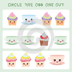 Visual logic puzzle Circle the odd one out. Kawaii colorful cupcake coffee cup with pink cheeks and winking eyes, pastel colors on
