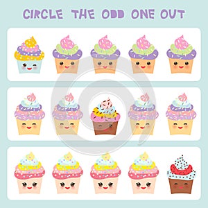 Visual logic puzzle Circle the odd one out. Kawaii colorful cupcake with pink cheeks and winking eyes, pastel colors on white back