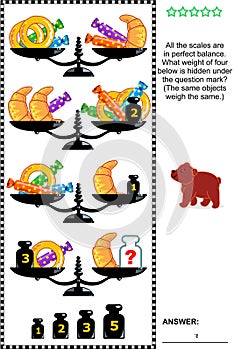 Visual math puzzle with scales, weights, baked goods and candies