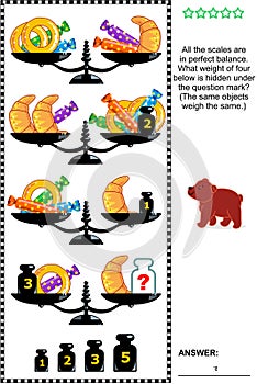 Visual math puzzle with scales, weights, baked goods and candies photo