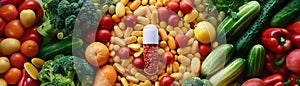 A visual ode to wellness with a capsule full of multivitamins at the heart of a circle of colorful vegetables and fruits