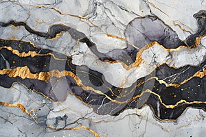 Visual presenting black and white ink drawing of an abstract marble pattern with golden veins, closeup on the edges of a rive