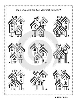 Visual puzzle and coloring page with spring birdhouses