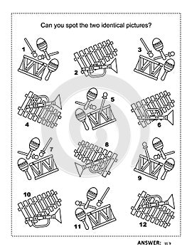 Visual puzzle and coloring page with toy musical instruments