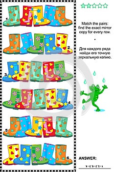 Visual puzzle: find the mirror copy for every row of gumboots