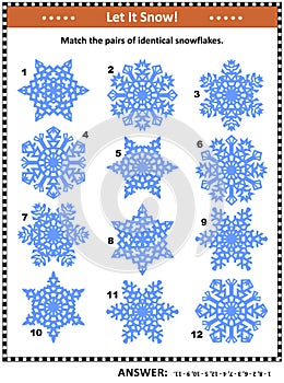 Visual puzzle - match the pairs of identical snowflakes