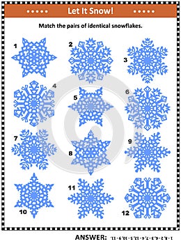 Visual puzzle - match the pairs of identical snowflakes photo